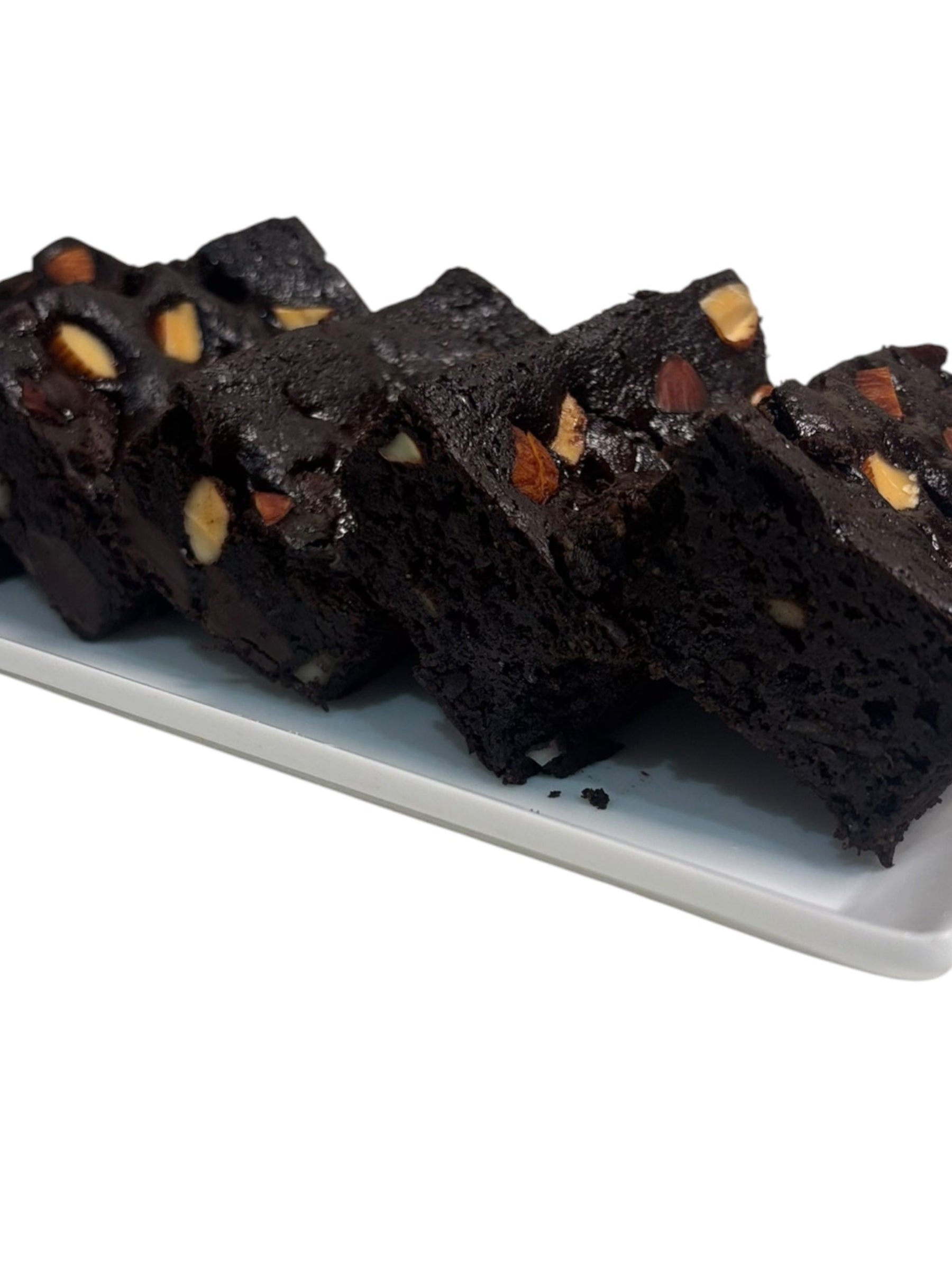 Eggless gluten-free dark chocolate almond brownie sweetened with monk fruit by Crumb & Slice Mumbai