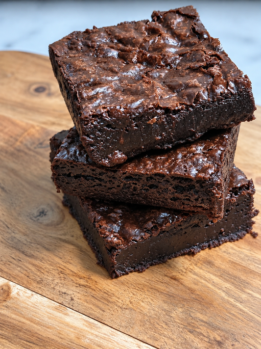Rich fudgy Classic Fudge Brownie with a crackly chocolate top
